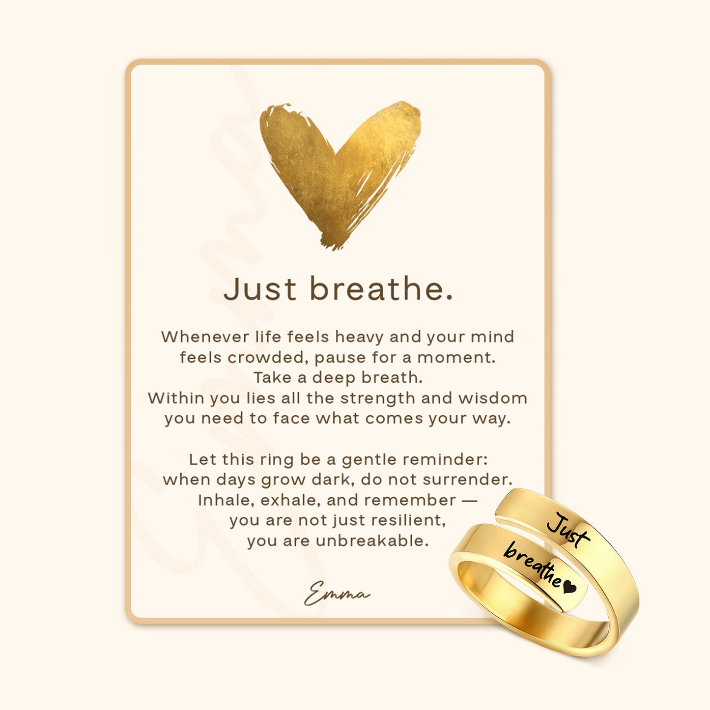 Just Breathe Quote Ring with Message Card