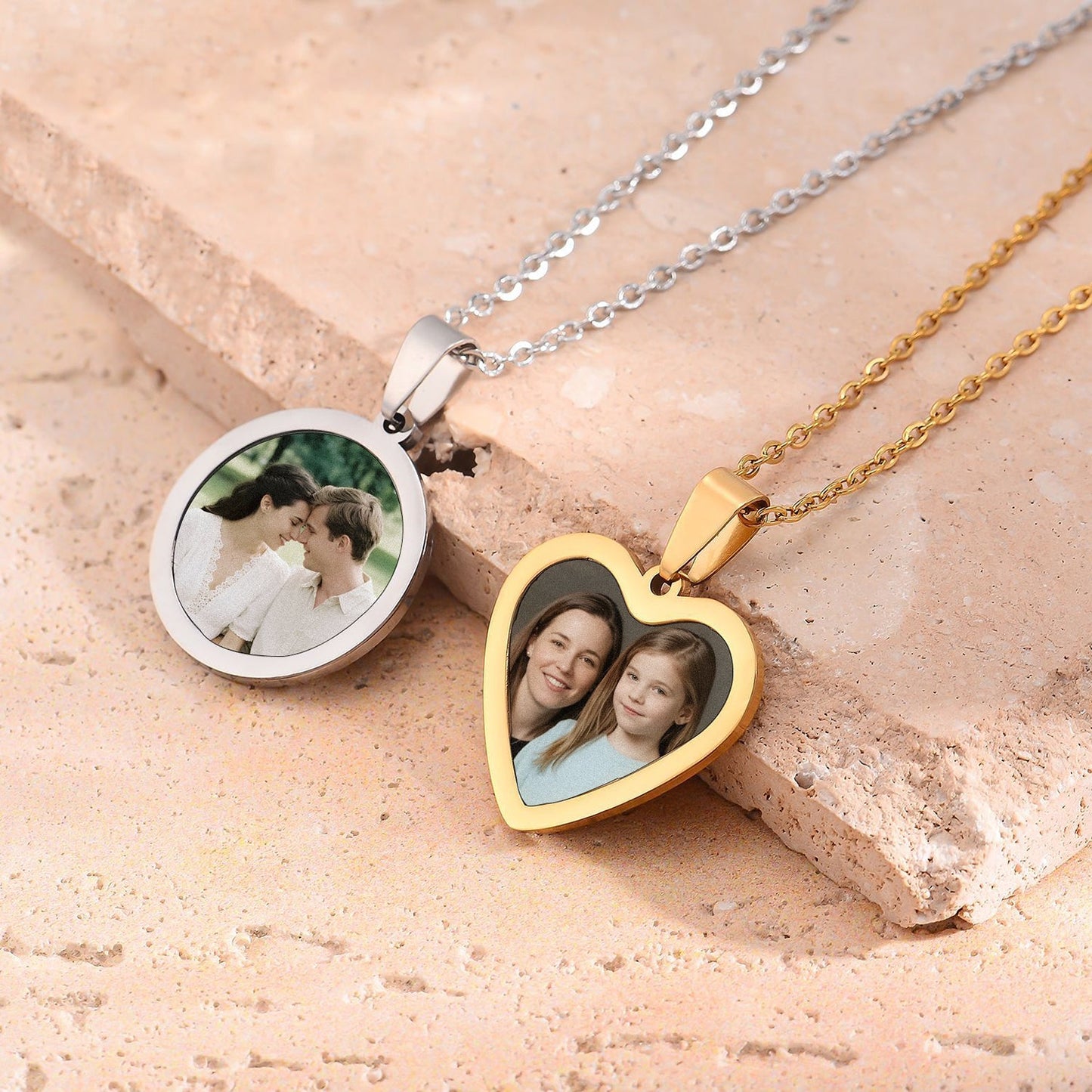 Heart & Round Shaped Photo Necklace