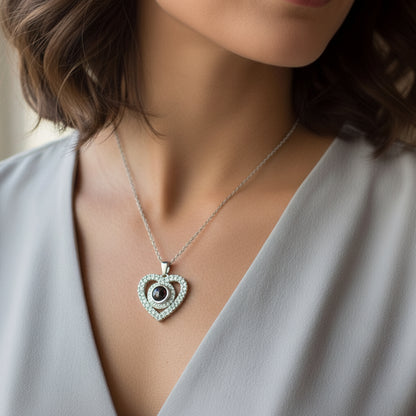 Engraved Pave Photo Heart Necklace