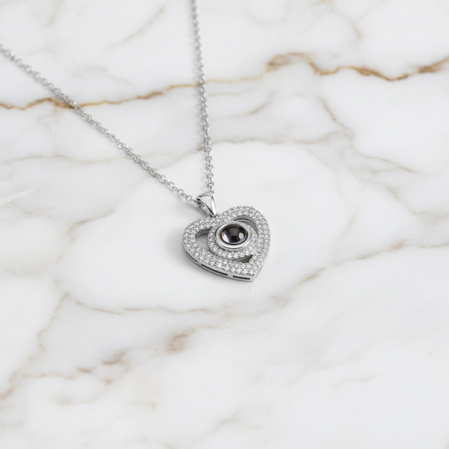 Engraved Pave Photo Heart Necklace
