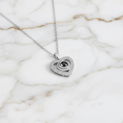 Engraved Pave Photo Heart Necklace