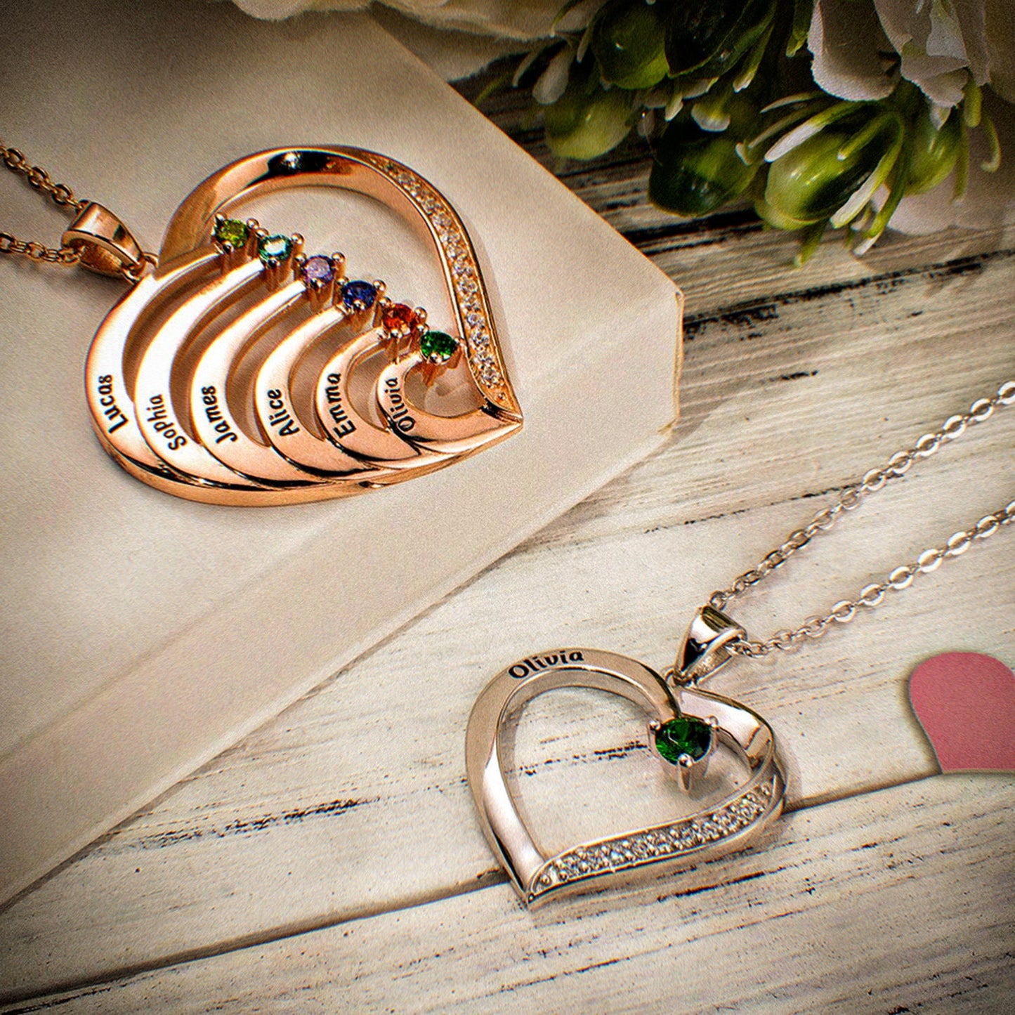 Personalized Name Heart Birthstone Necklace